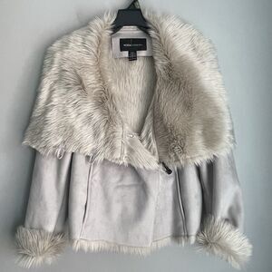 Moda International Faux Fur Suede Jacket  Size L Gray Polyester Stylish & Warm